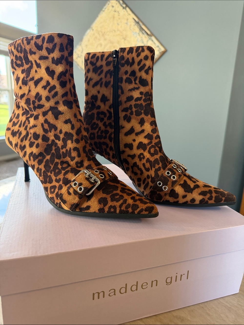 Madden Girl Richie Leopard-Print Pointed Toe Ankle Booties with Buckle - 8.5